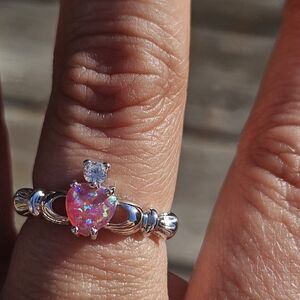 Pink Heart Opal With White Accent Stone Silver Ring